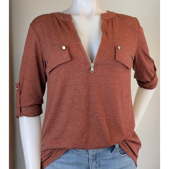 LuckyMore Tunic Top Large Rust Jersey Tab Sleeve Zip Neck Career Casual NEW - Picture 4 of 12